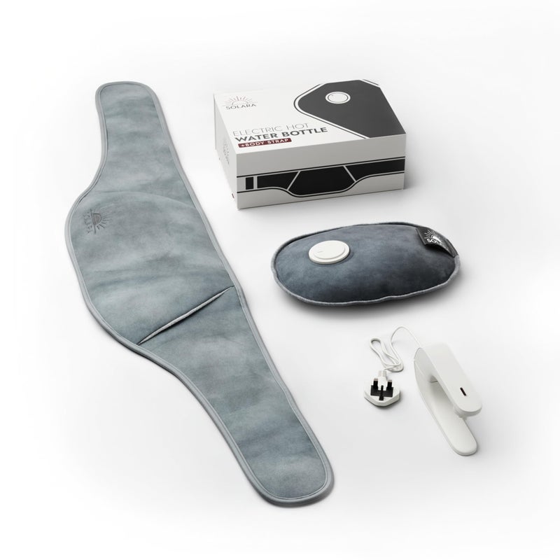 Solara Luxury Electric Hot Water Bottle with Body Strap - No Fill Required Full Rechargeable Heat pad, Ultra Soft Heated Cushion in Premium Gift Box